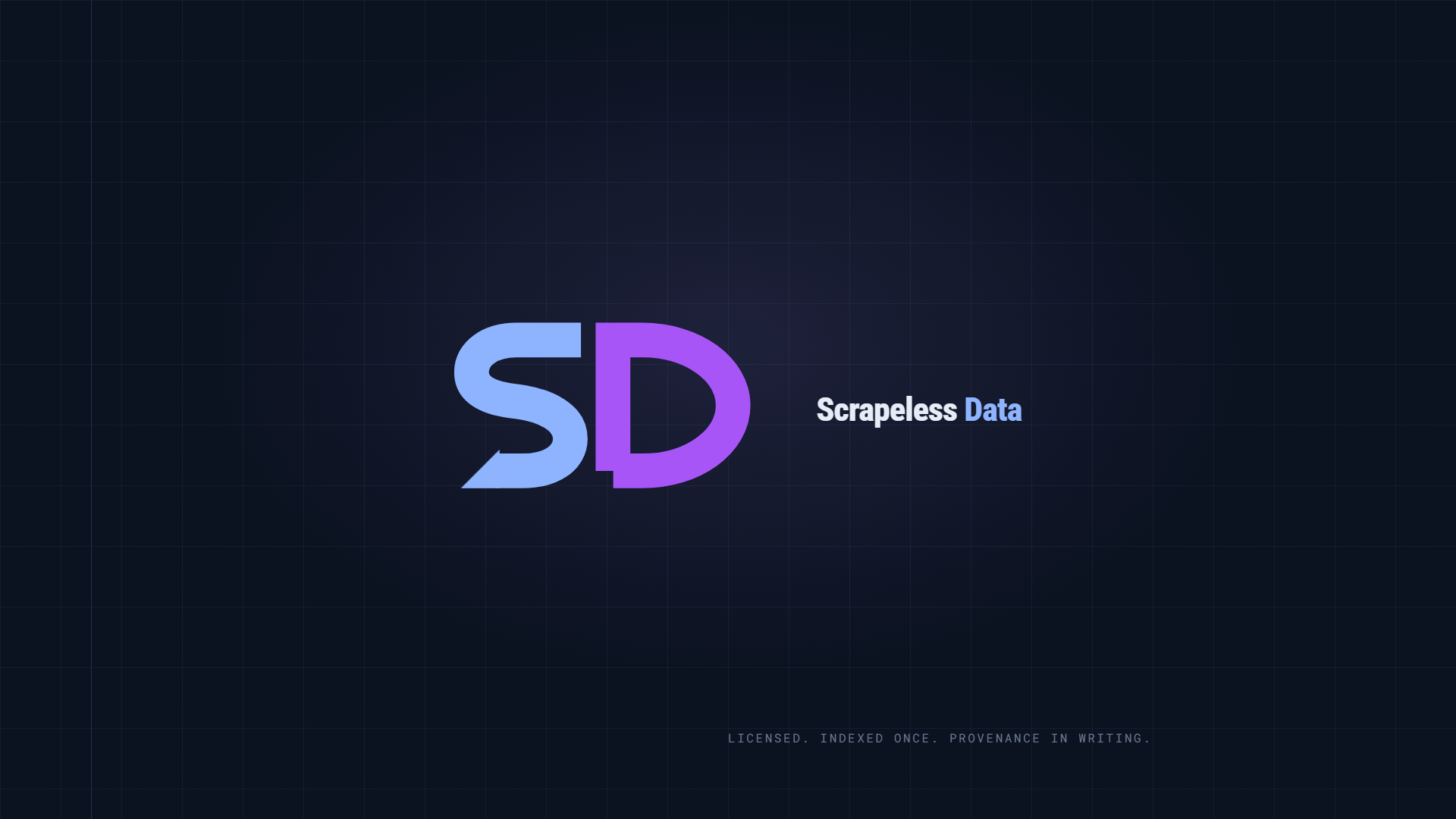 Scrapeless Data mark, a cobalt S flowing into a purple D, on an ink navy background